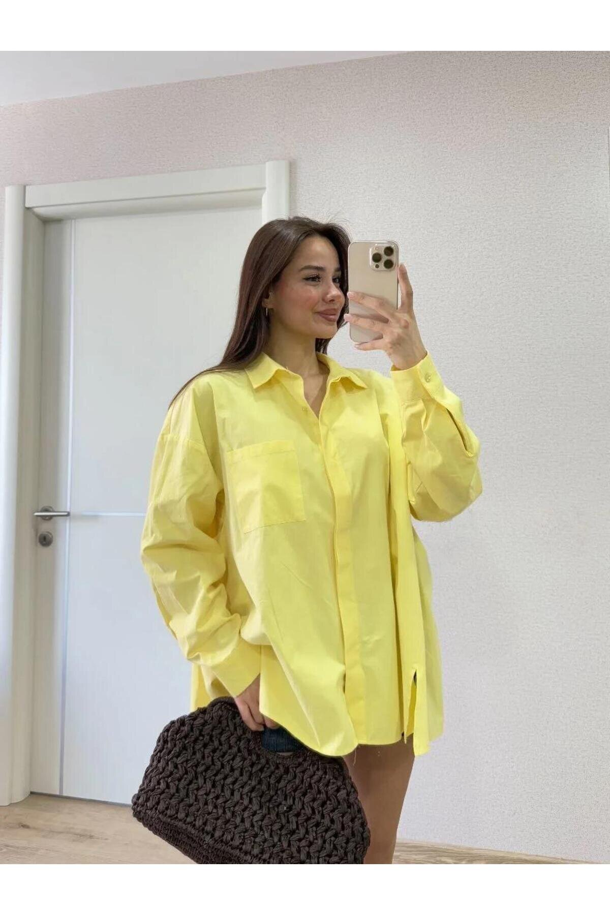 قميص بوبلين أصفر بياقة وفتحة جانبية - RAWEA FASHİON