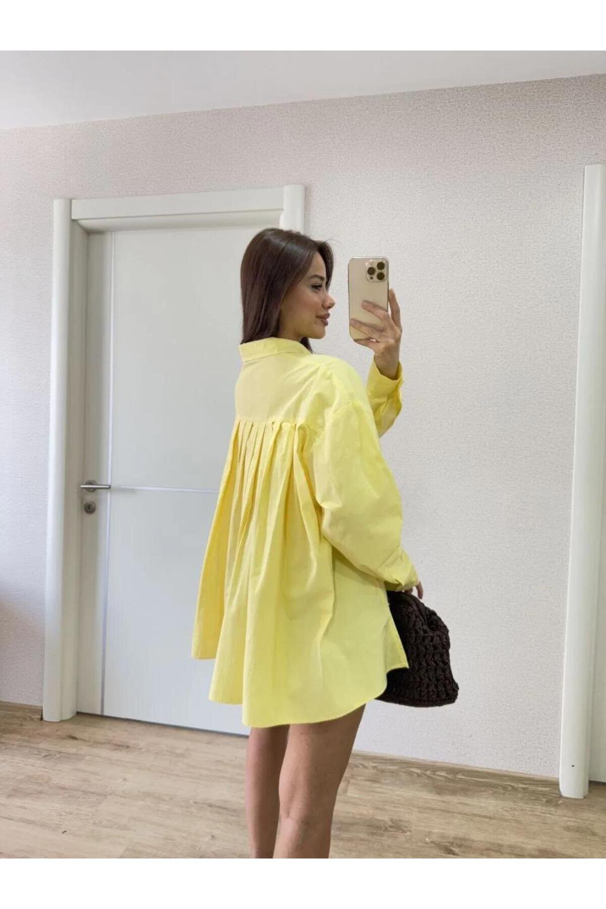 قميص بوبلين أصفر بياقة وفتحة جانبية - RAWEA FASHİON