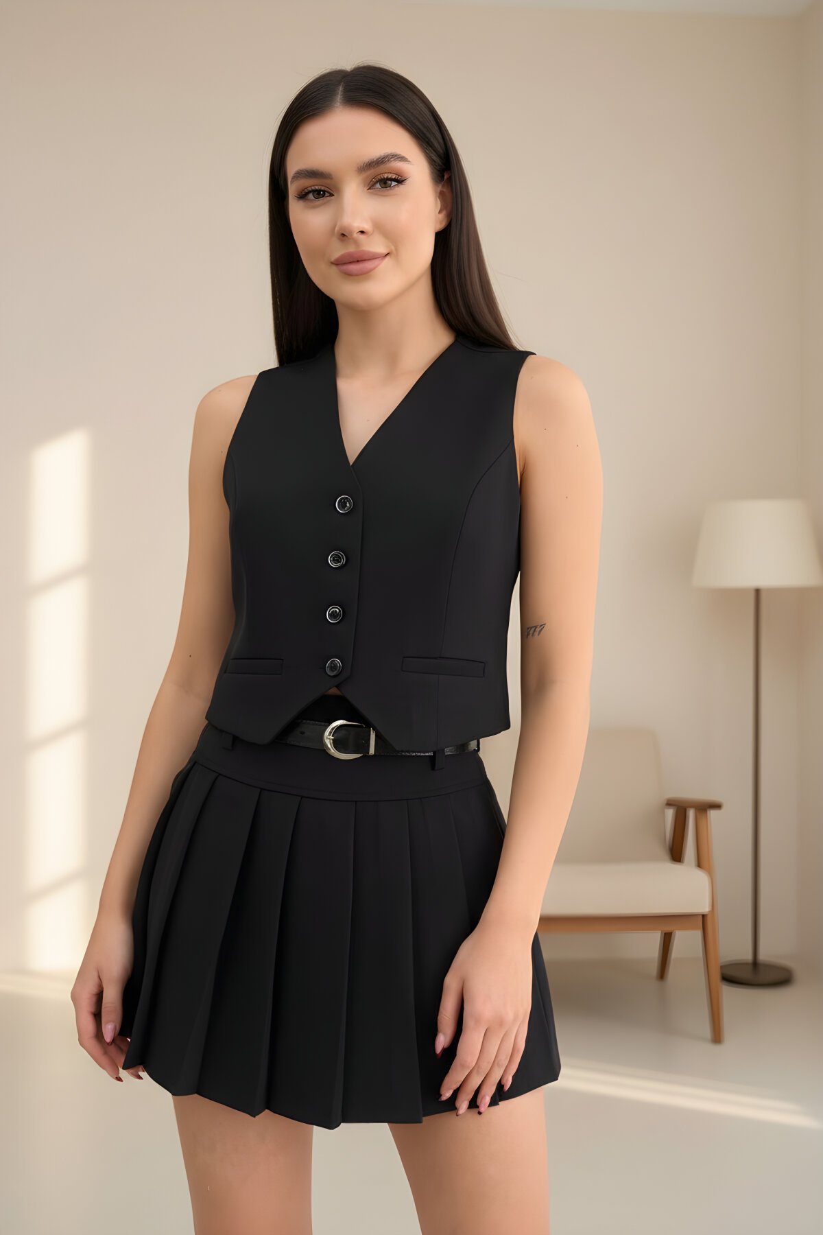 Two-Piece Lined Belted Vest and Skirt Set - Black - RAWEA FASHİON