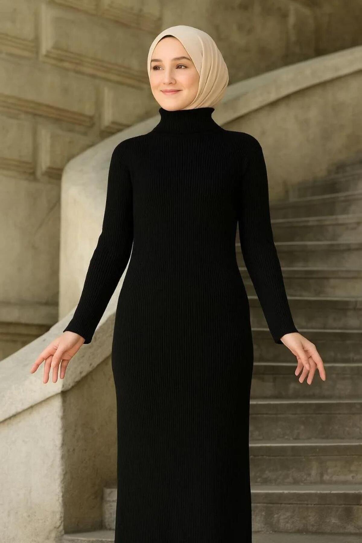 Siyah Fitilli Uzun Boğazlı 130cm Tam Kalıp Dokuma Esnek Triko Elbise Siyah Fitilli Uzun Boğazlı 130cm Tam Kalıp Dokuma Esnek Triko Elbise
