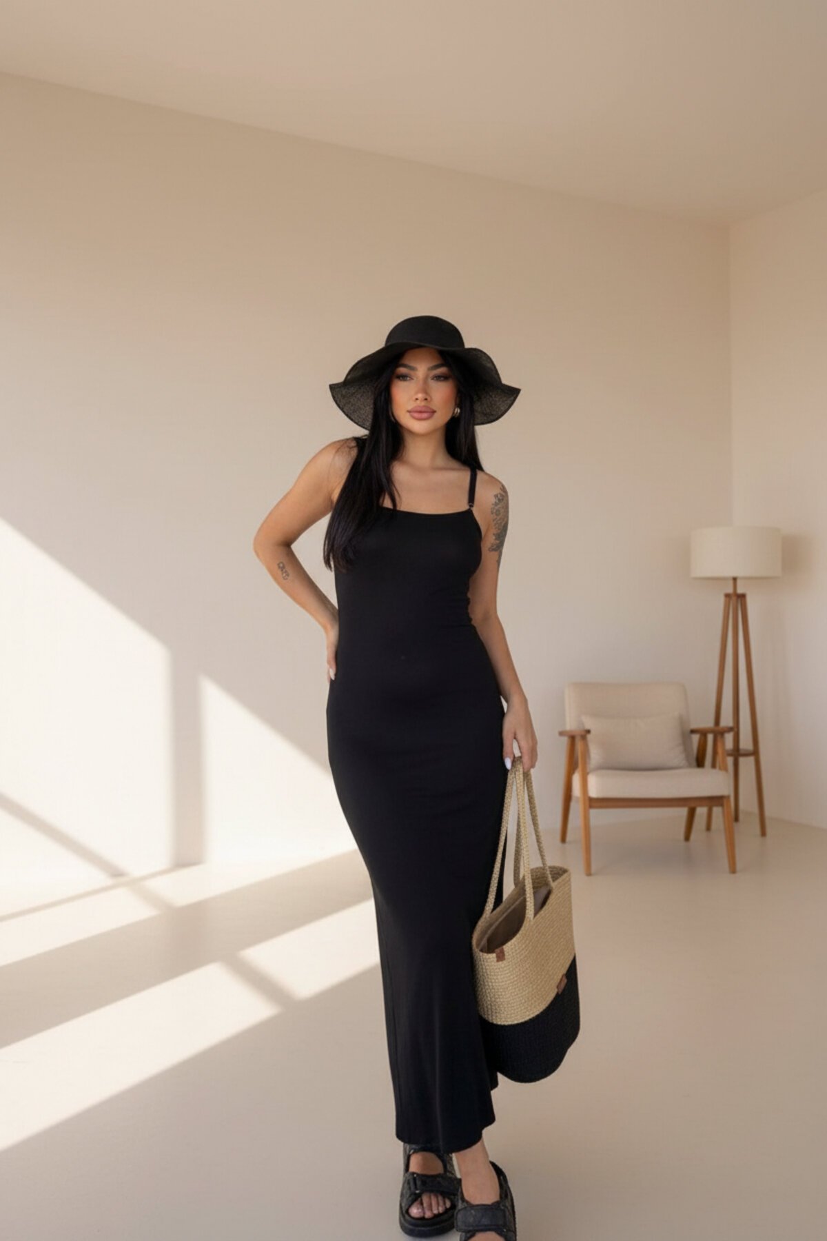 Long Adjustable-Strap Dress - Black - RAWEA FASHİON