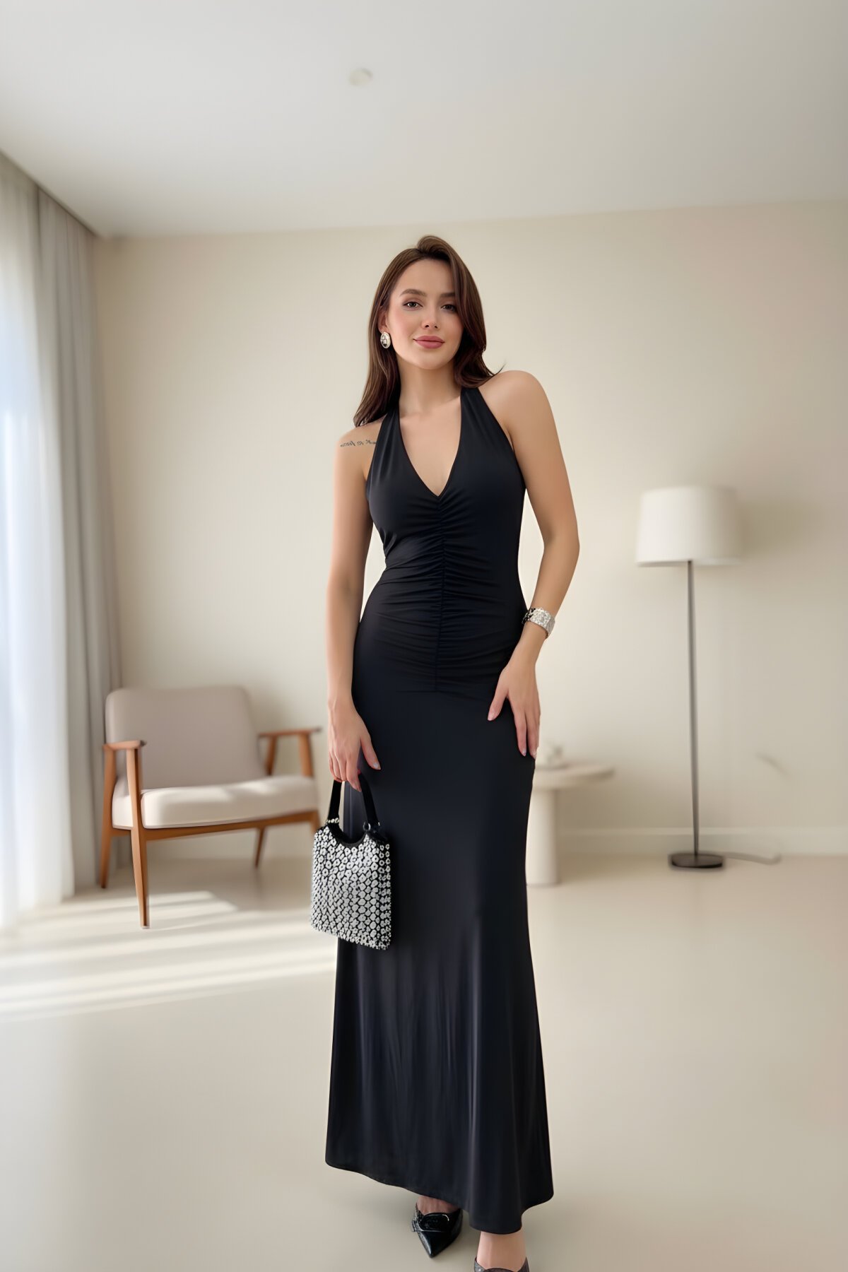 Siyah Uzun Sırt Dekolteli Elbise - RAWEA FASHİON