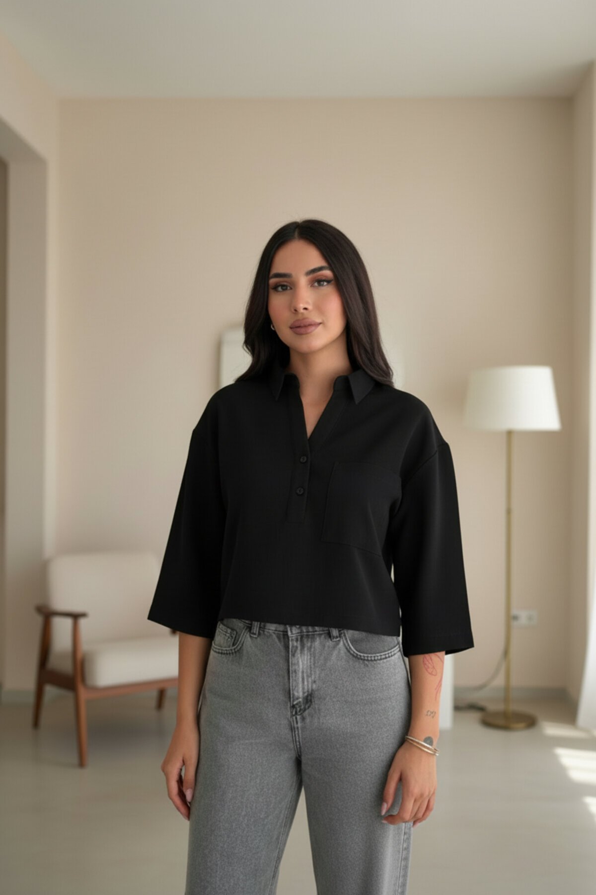 قميص كروب أسود بأكمام قصيرة من كريب - RAWEA FASHİON