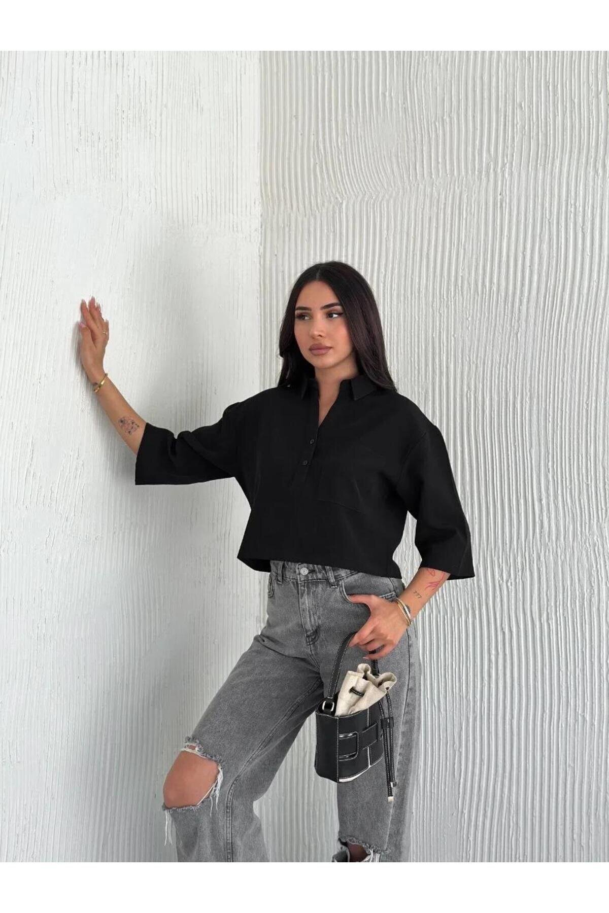 قميص كروب أسود بأكمام قصيرة من كريب - RAWEA FASHİON