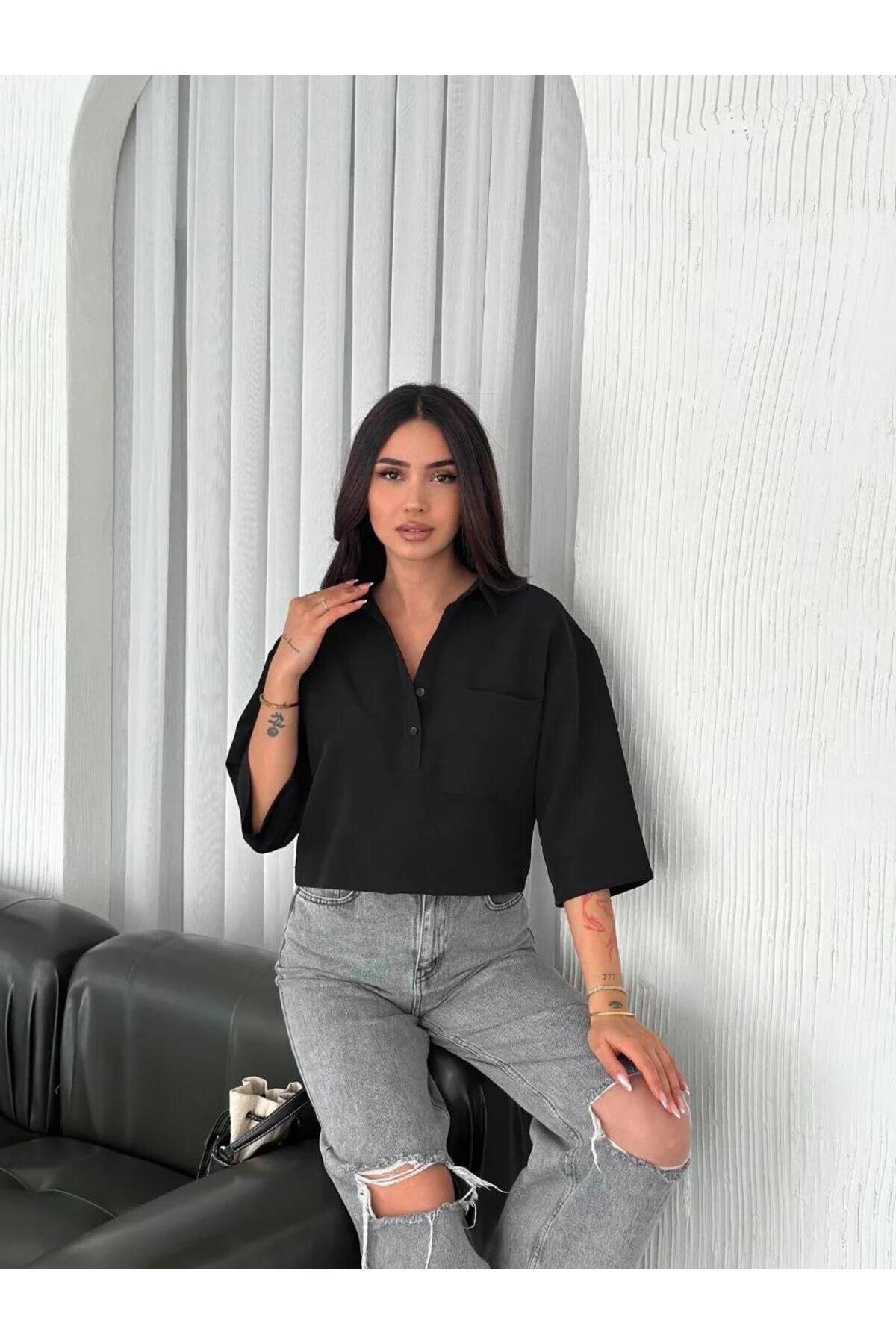 قميص كروب أسود بأكمام قصيرة من كريب - RAWEA FASHİON