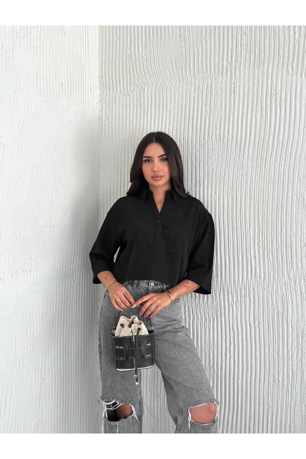 قميص كروب أسود بأكمام قصيرة من كريب - RAWEA FASHİON