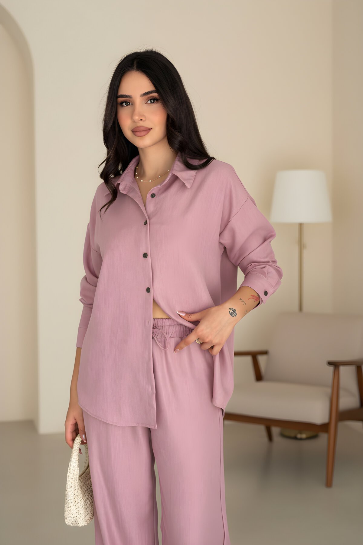 Two-Piece Shirt Pant Set - Dusty Pink - RAWEA FASHİON