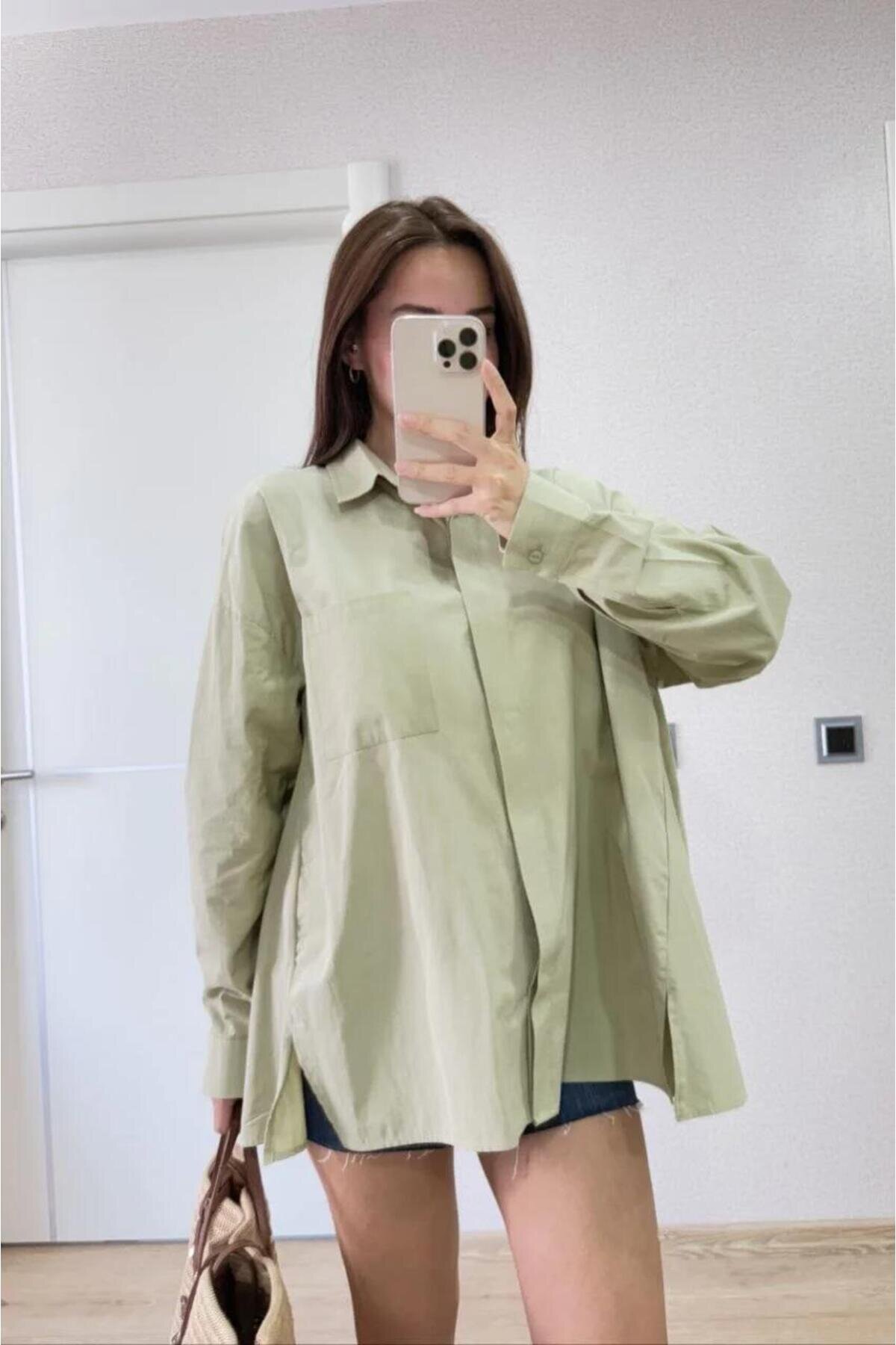 Poplin Collared Side-Slit Back-Dart Detail Shirt - Green - RAWEA FASHİON