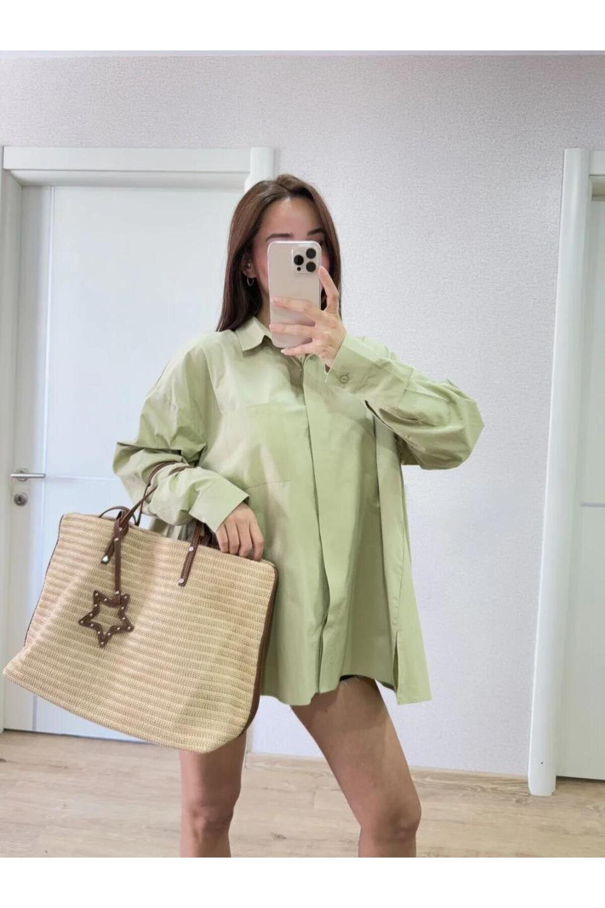 Poplin Collared Side-Slit Back-Dart Detail Shirt - Green - RAWEA FASHİON