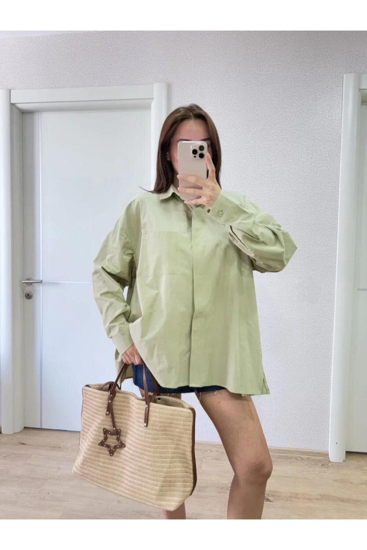 Poplin Collared Side-Slit Back-Dart Detail Shirt - Green - RAWEA FASHİON