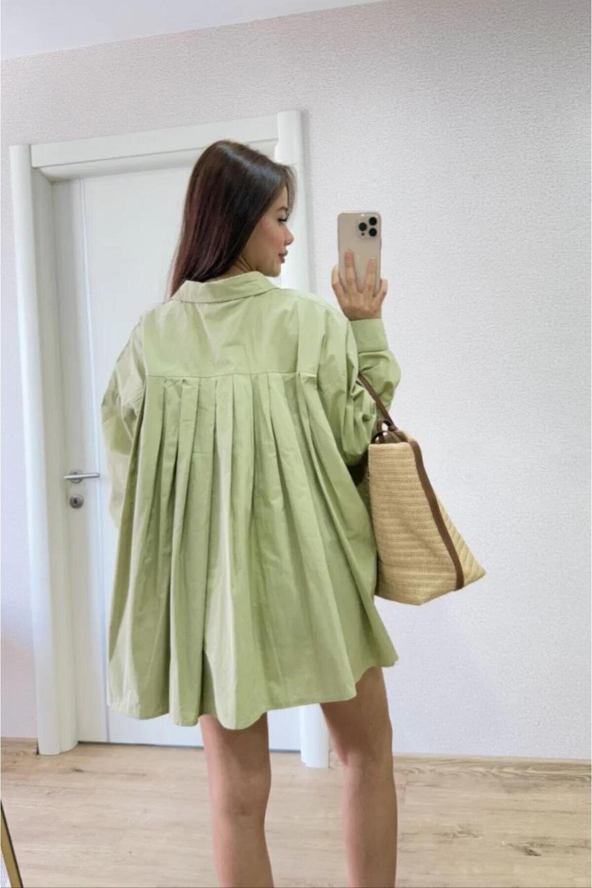 Poplin Collared Side-Slit Back-Dart Detail Shirt - Green - RAWEA FASHİON