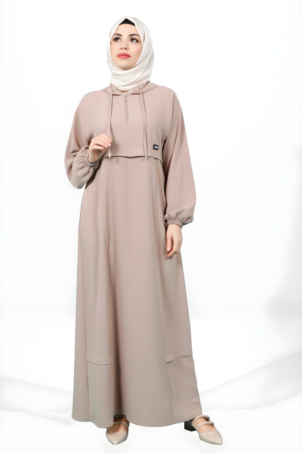 فستان محتشم بيج بغطاء رأس وأكمام مطاطية - SheFA