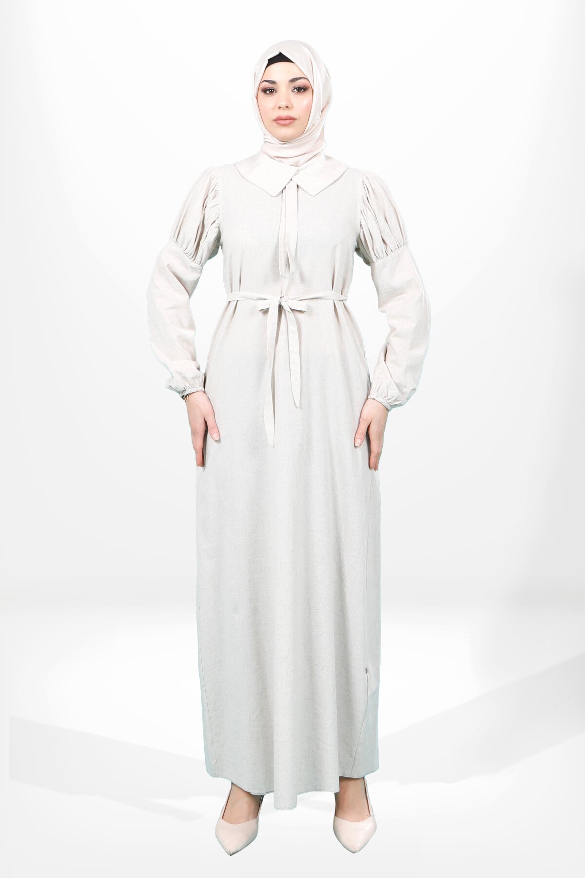 Bej Keten Volan Kol Seyyar Kemerli Tesettür Elbise - SheFA