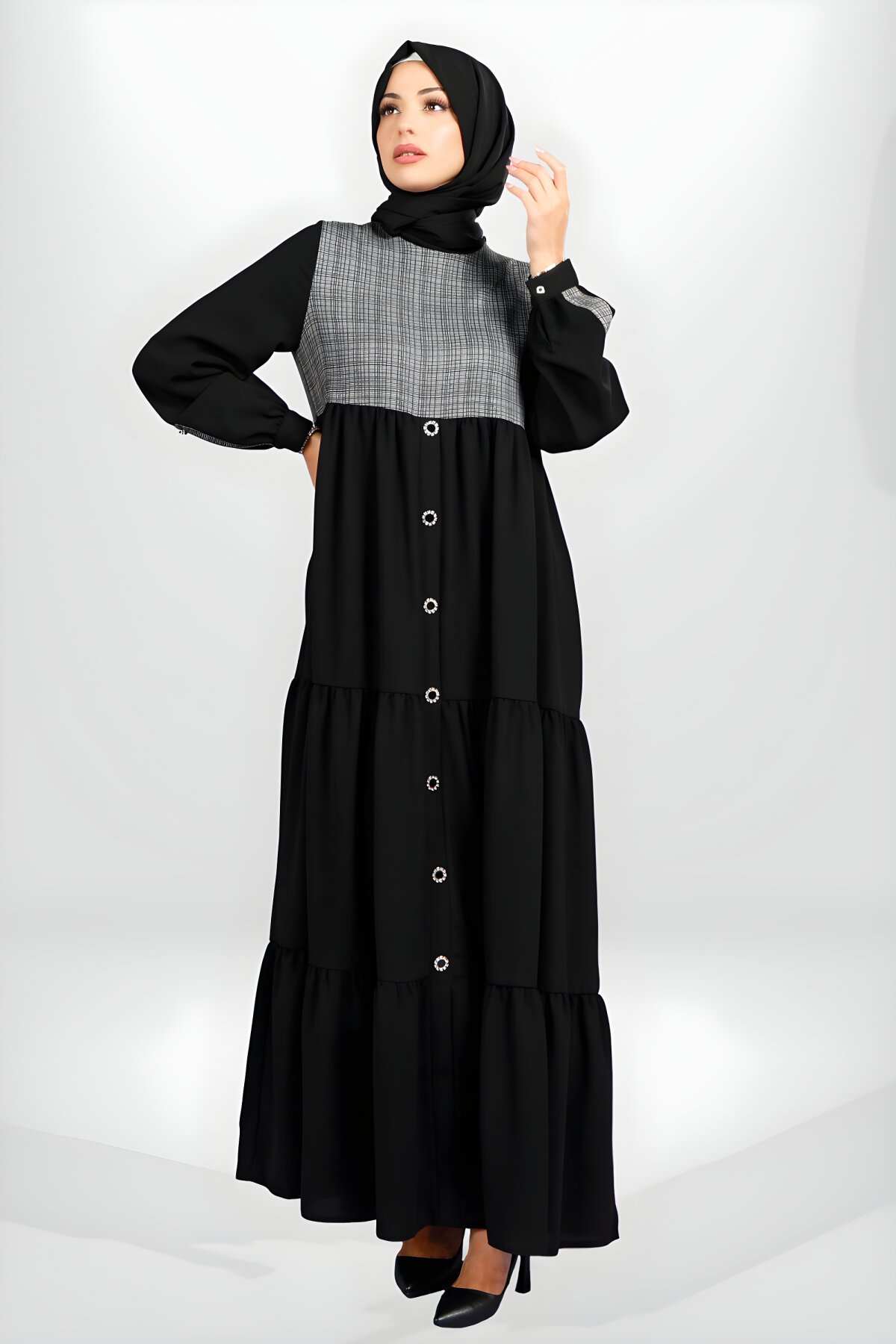 Modest Patterned Tiered Dress - Black - SheFA