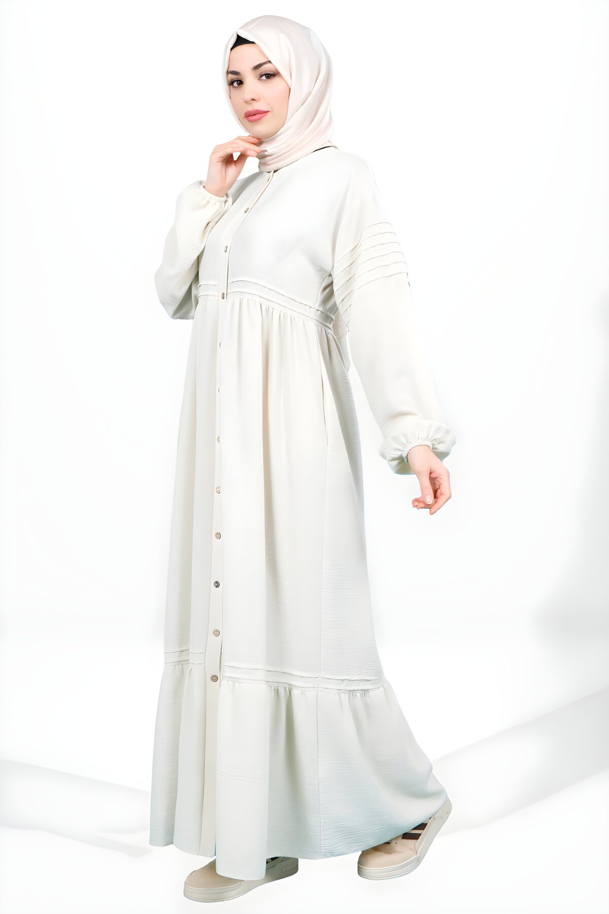 Modest Ruffled Pintuck-Detail Stone-Button Dress - SheFA