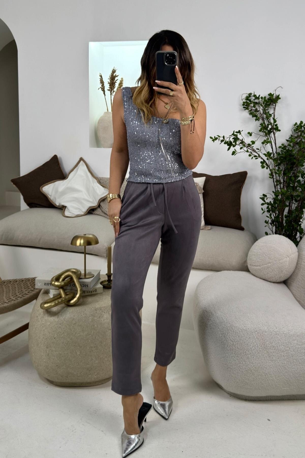 One-Shoulder Sequined Blouse - Light Anthracite - Sohotique By P