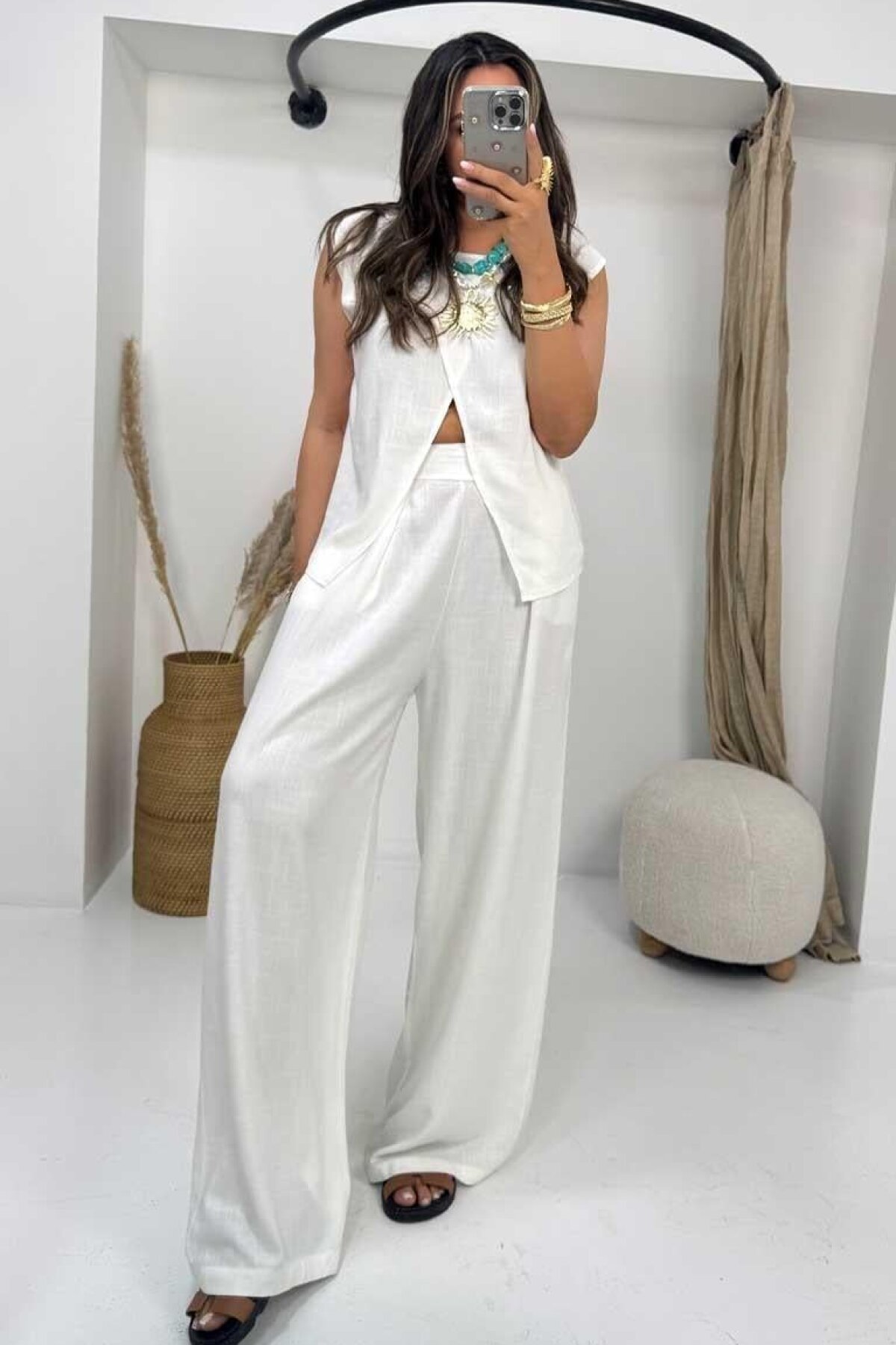 Ekru İkili Pamuk Keten Üçgen Kapama Takım - Sohotique By P