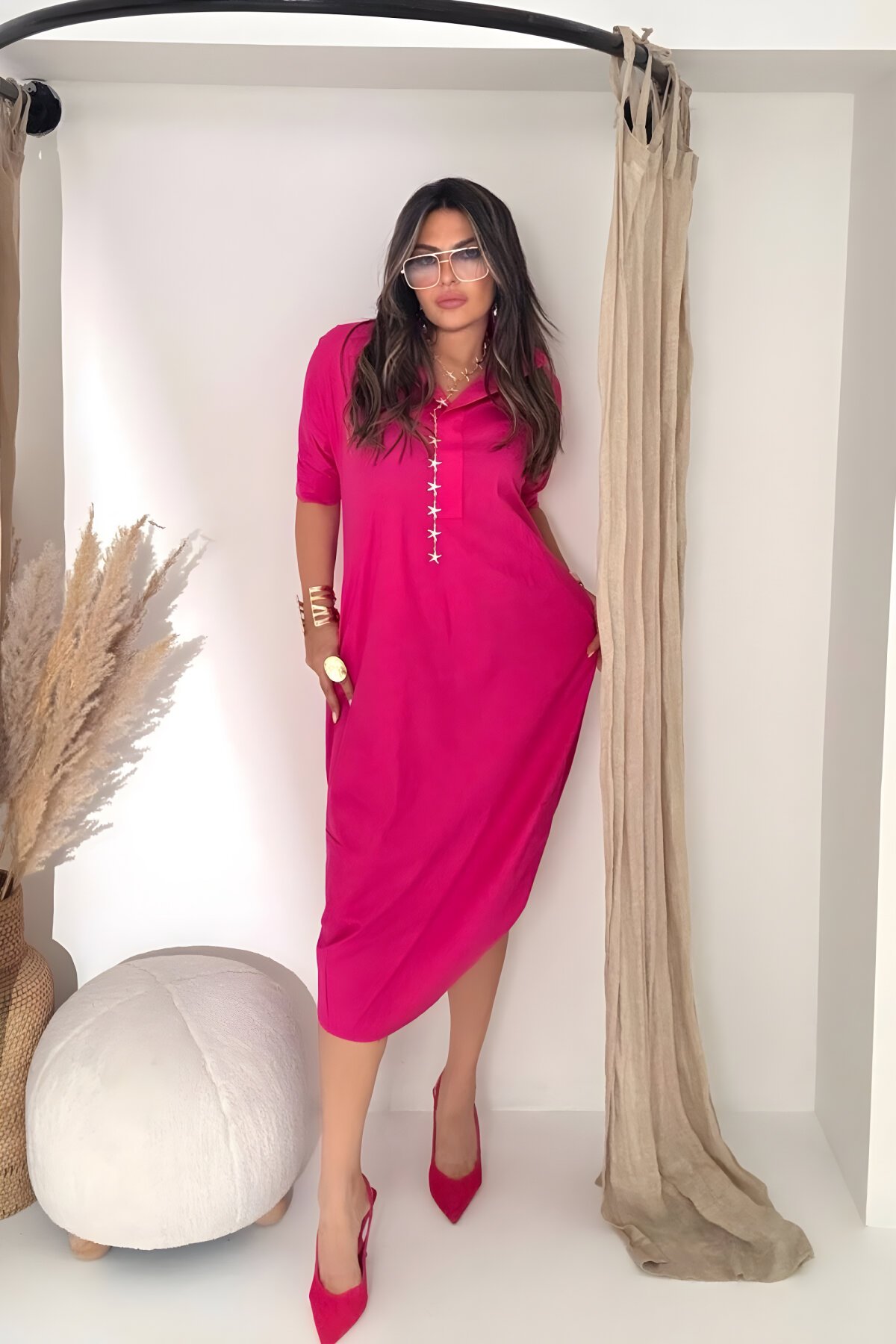 Fuşya Poplin Midi Dik Yaka V Dekolte Elbise - Sohotique By P