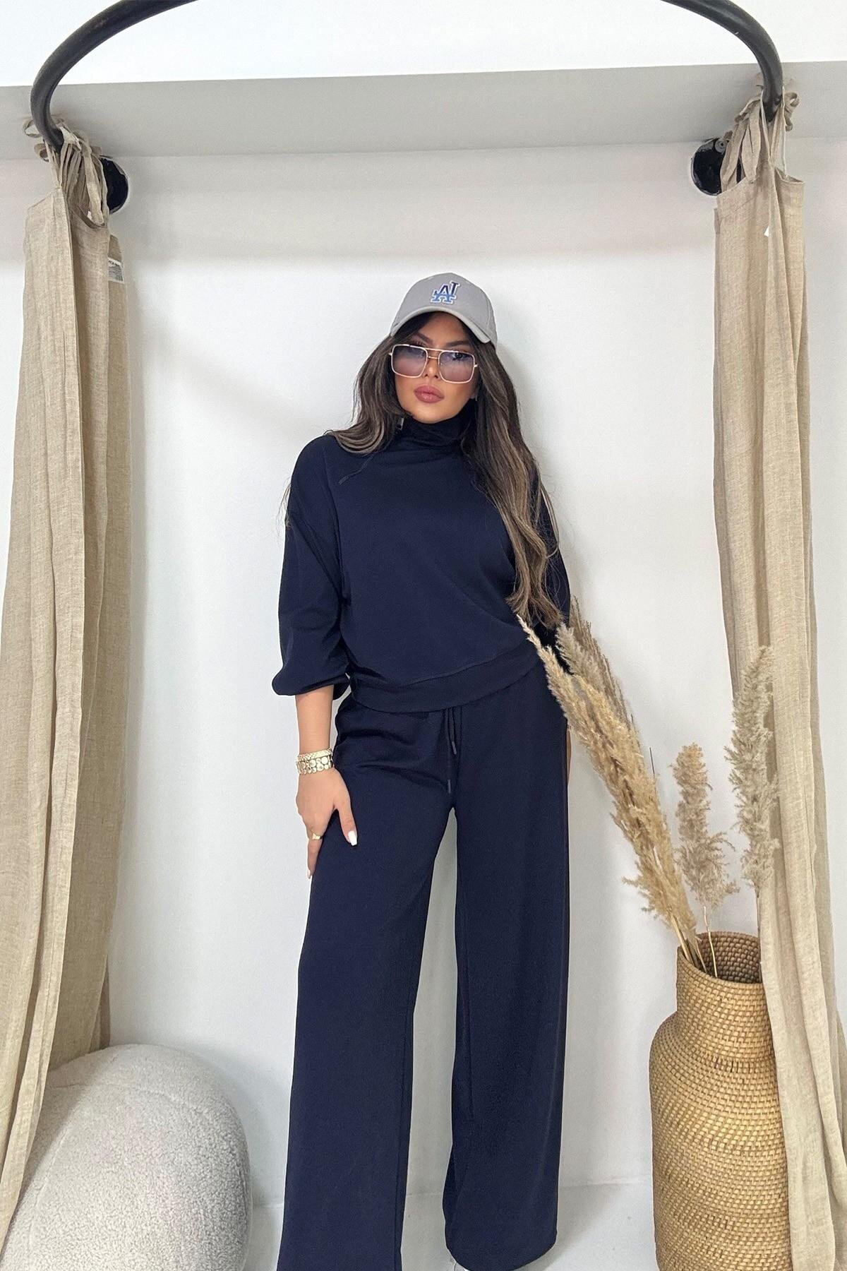 Lacivert Modal Kumaş Yaka Fermuarlı Eşofman Takım - Sohotique By P