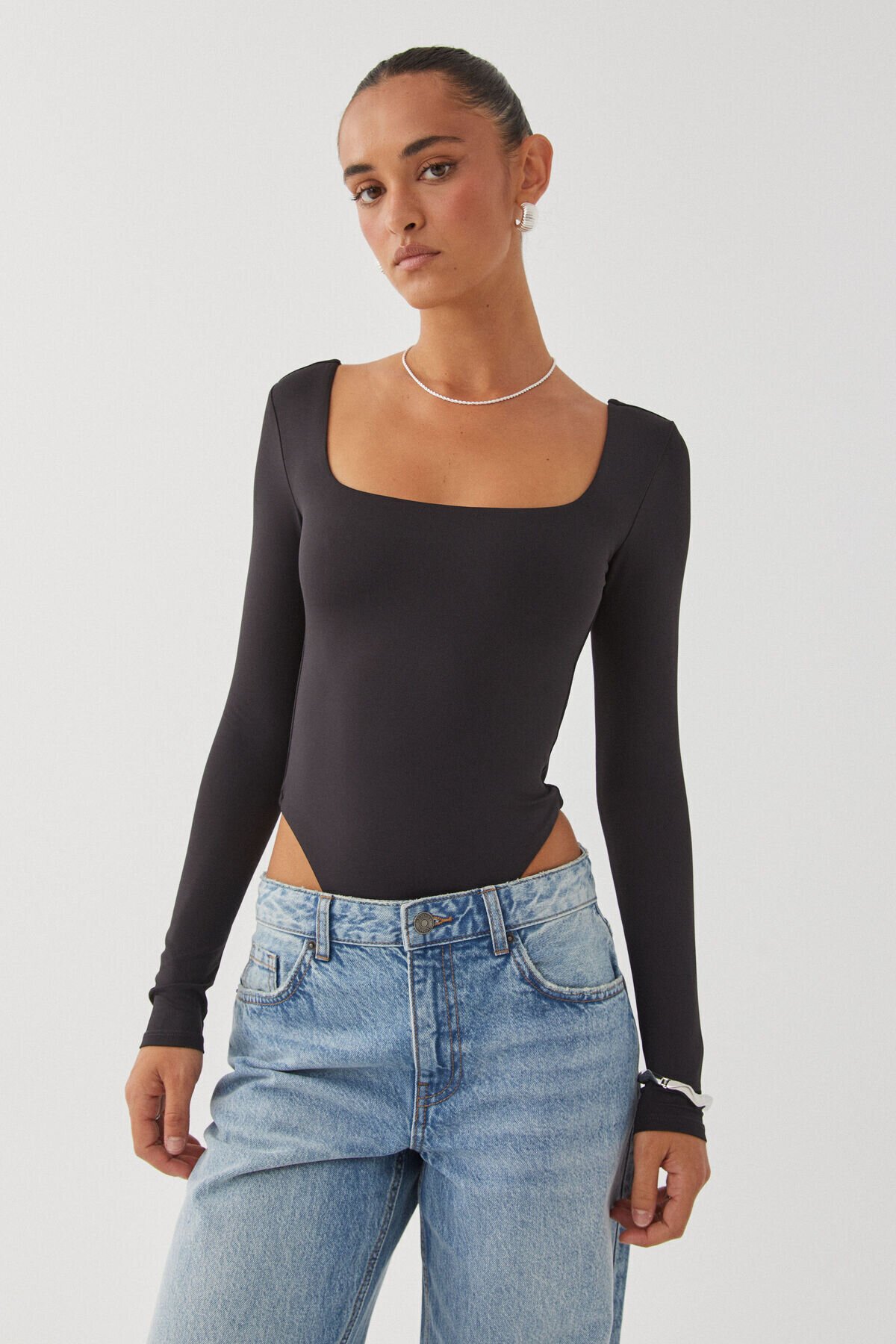 Long Sleeve Square Neck Snap-Button Bodysuit - Black - Teenystore