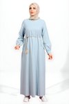 Linen Crew-Neck Beaded-Detail Modest Dress - Baby Blue