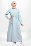 Bebe Mavi Keten Bisiklet Yaka Boncuk Detaylı Tesettür Elbise