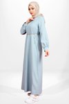 Bebe Mavi Keten Bisiklet Yaka Boncuk Detaylı Tesettür Elbise