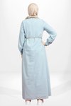 Bebe Mavi Keten Bisiklet Yaka Boncuk Detaylı Tesettür Elbise