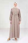 Bej Modal Tesettür Düğme Detaylı Elbise