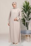 Oriental Sleeve Pleated Pearl-Detail Modest Evening Dress - Beige