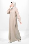 Camel Bisiklet Yaka Keten Cebi Boncuk Detaylı Tesettür Elbise