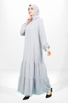 Gri Eteği Fırfırlı Lastik Kollu Tesettür Elbise