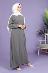 Gri Kloş Kesim Beli Kemerli Tesettür Elbise