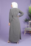 Gri Kloş Kesim Beli Kemerli Tesettür Elbise