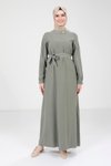 Haki Biye Detaylı Tesettür Elbise