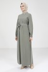 Haki Biye Detaylı Tesettür Elbise