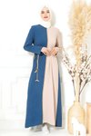 İndigo Bloklu Hasır Kuşaklı Tesettür Elbise
