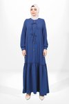 İndigo Eteği Büzgülü Önden Fiyonk Çiçek Detaylı Tesettür Elbise