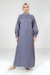 İndigo Parlak Kumaş Broşlu Tesettür Elbise