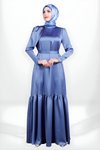 İndigo Saten Omuz Detaylı Kuşaklı Tesettür Abiye Elbise