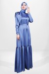 İndigo Saten Omuz Detaylı Kuşaklı Tesettür Abiye Elbise