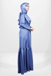 İndigo Saten Omuz Detaylı Kuşaklı Tesettür Abiye Elbise
