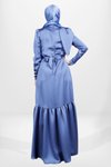 İndigo Saten Omuz Detaylı Kuşaklı Tesettür Abiye Elbise