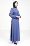 İndigo Yakası Kurdele Beli Kuşak Detaylı Tesettür Elbise