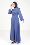 İndigo Yakası Kurdele Beli Kuşak Detaylı Tesettür Elbise