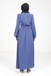 İndigo Yakası Kurdele Beli Kuşak Detaylı Tesettür Elbise