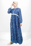 Lacivert Çiçek Desenli Beli Ayarlanabilir Üstü Kapama Detaylı Tesettür Elbise