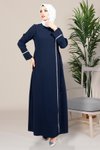 Lacivert Kruvaze Kapama Yapışkan Taş Detaylı Tesettür Elbise