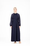 Lacivert Omuz Kısmı Taş Aksesuarlı Tesettür Elbise