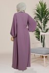 Lila Şark Kolları Pili İnci Detaylı Tesettür Elbise
